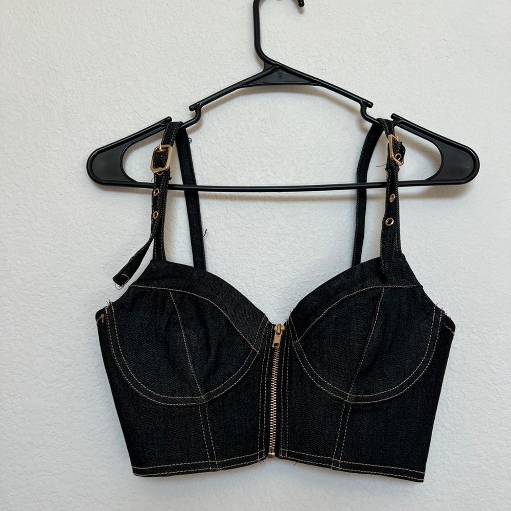 Dark Denim Zip-Up Corset with Adjustable Straps